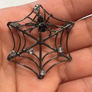 Gothic Spider Web Brooch Pin w/ Black & Clear Crystals Halloween Costume Jewelry